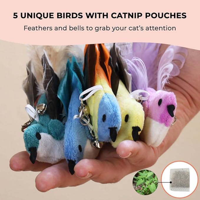 Whiskertons Interactive Bird Simulation Cat Toy Set, Interactive Cat Toys for Indoor Cats, Cat Feather Toy, Self-Holding Suction Base, 5 Catnip Birds, Feathers & Bells (5 Replacement Catnip Birds)