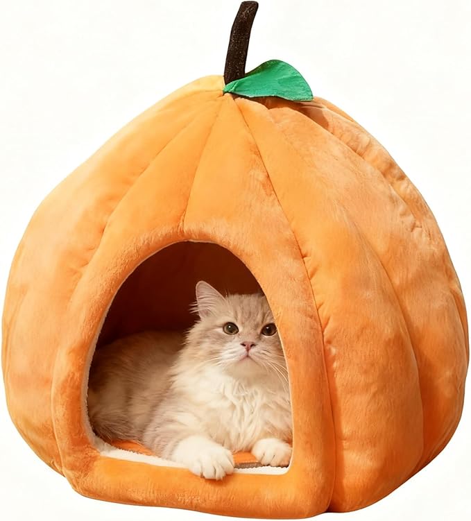 Cat Bed for Indoor Cats - Adorable Cozy Pumpkin Cat Cave with Removable Cushion, Super Soft Pet House Tent for Kittens & Small Pets, Warm & Washable Non-Slip Design(S 15 inch Orange)