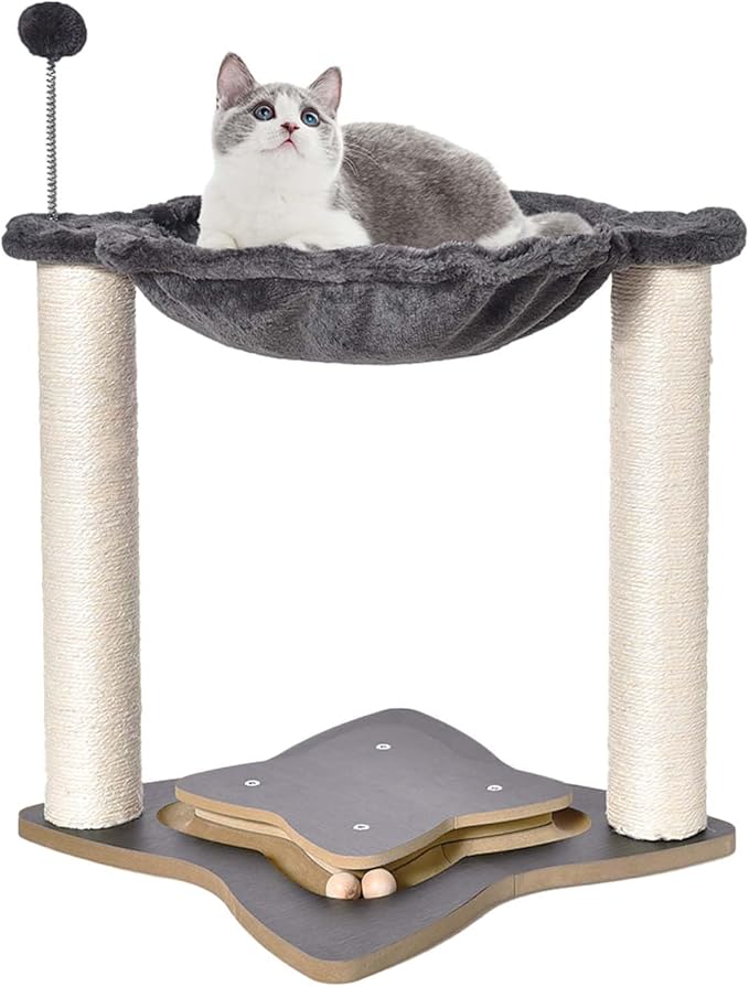 FluffyDream Cat Scratching Post for Indoor Cats, Small Cat Tree Tower with Hammock,Wooden Interactive Ball Track for Kitten and Adult Cats,18inches (Grey)