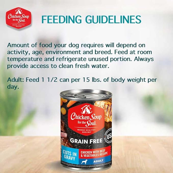 Chicken Soup for The Soul All Natural Premium Grain-Free All Life Stage Wet Dog Food, Real Meat First Ingredient, No by-Products, Chicken with Beef & Vegetables Cuts in Gravy, 13oz (Pack of 12)