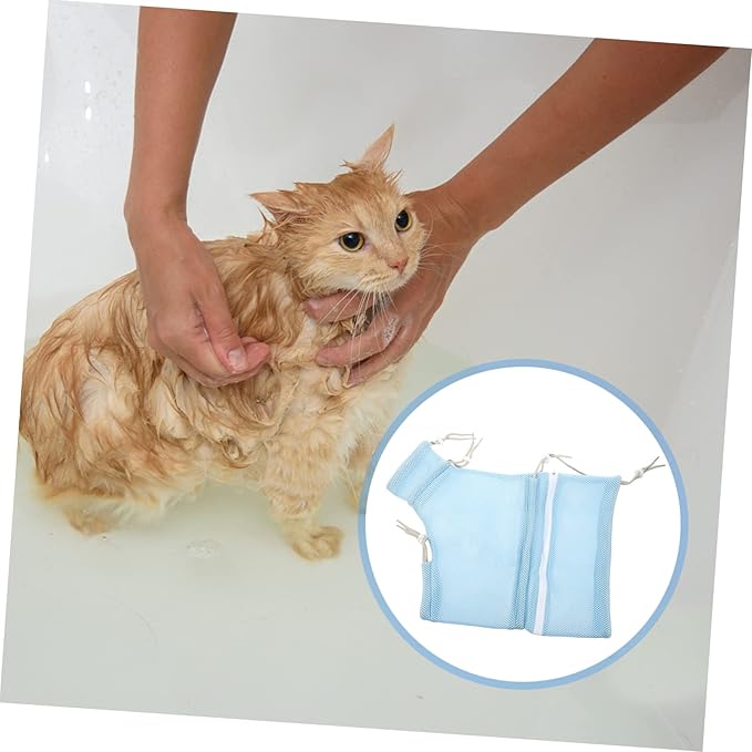 Happyyami Breathable Cat Bathing Bag Adjustable Mesh Grooming Bag for Nail Trimming Safe and Durable Shower Netting for Kittens and Pets Blue