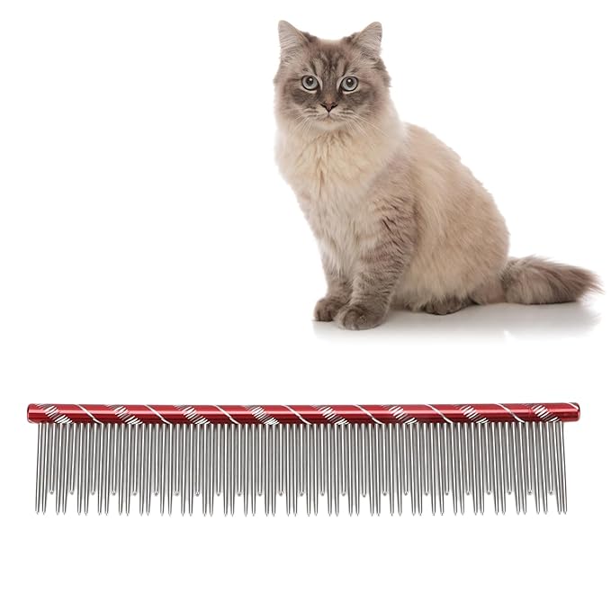 Pet Hair Removal Comb, Stainless Steel Cat Grooming Tool with Dual - Density Teeth, Open Knot Comb for Long and Short Haired Cats, Ergonomic Non - Slip Handle (Red)