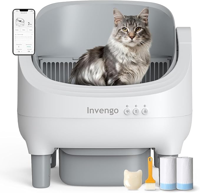 Automatic Cat Litter Box Self Cleaning, App Control, Open-Top Automatic Litter Box with Safety Sensors, Ultra-Quiet, 10.5L Waste Bin with Odor Control, 2 Rolls of Garbage Bags, Grey White
