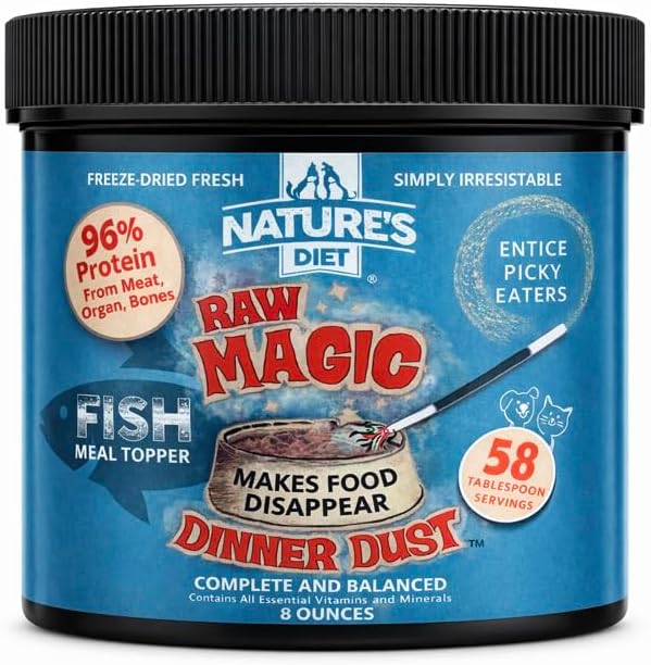 Freeze-Dried Raw Magic Dinner Dust - Premium Dog and Cat Food Topper with 96% Protein from Raw Meat, Liver, Bone Broth, Fruits and Vegetables - Irresistable - Perfect for Picky Eaters - 8oz (Fish)