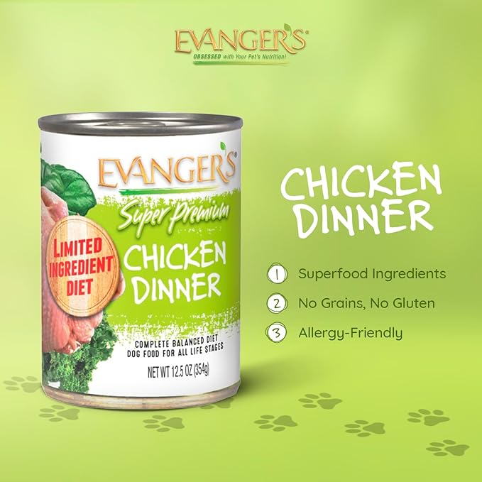 Evanger's Super Chicken Dinner for Dogs – 12 Count, 12.5 oz Each – Limited Ingredient Diet, Grain & Gluten Free, With Spinach & Kale – Balanced Wet Dog Food