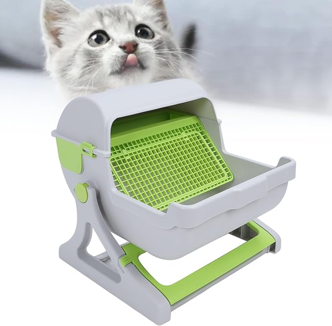 Self Cleaning Cat Litter Box Enclosure Semi Automatic, PP Plastic Easy Assembly Tipping Bucket Style Large Kitty Litter Box for Indoor Cats
