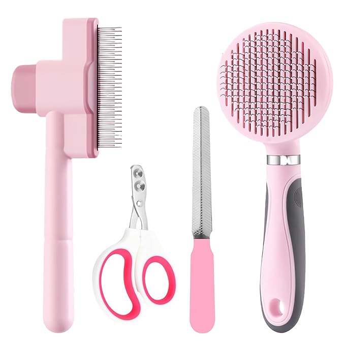 Cat Grooming Kit, 4-in-1 Cat Grooming Tools with Cats Brush, Flea Comb, Nail Clipper & Trimmer - Deshedding & Dematting for Pets Hair and Paws, Pet Shedding Set for Indoor Dogs & Cats (Pink)