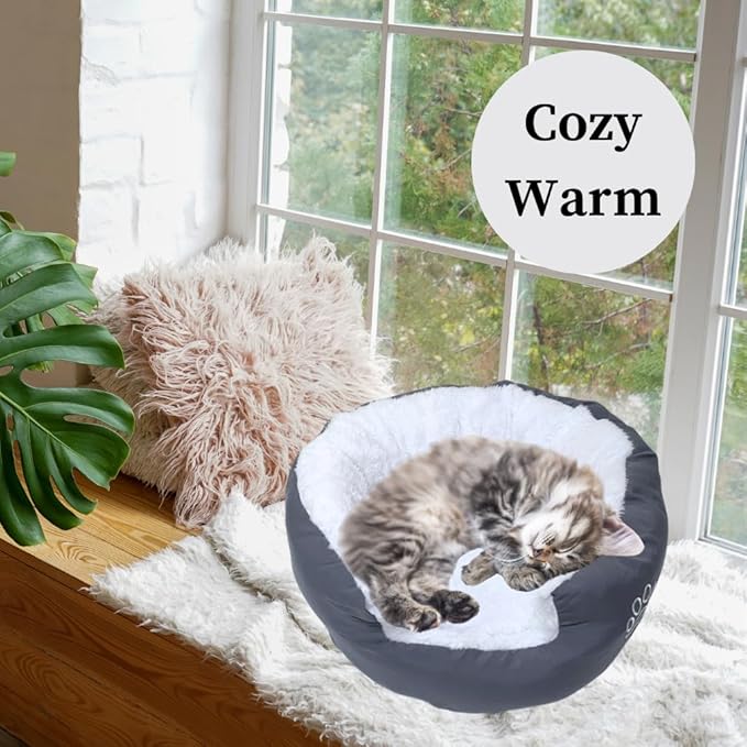 Evelots Calming Donut Cat Bed - Warm Pet Bed for Cats and Small Dogs - Anti-Anxiety Cozy Cuddler - Removable Soft Plush Cushion - Machine Washable - Non-Slip Bottom - Grey