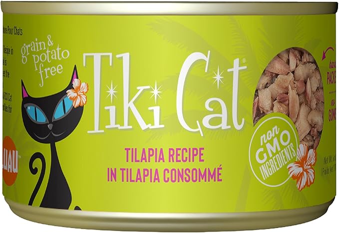 Tiki Cat Luau Shredded Meat, Tilapia Recipe in Tilapia Consumme, Grain-Free Balanced Nutrition Wet Canned Cat Food, For All Life Stages, 6 oz. Can (8 Count)