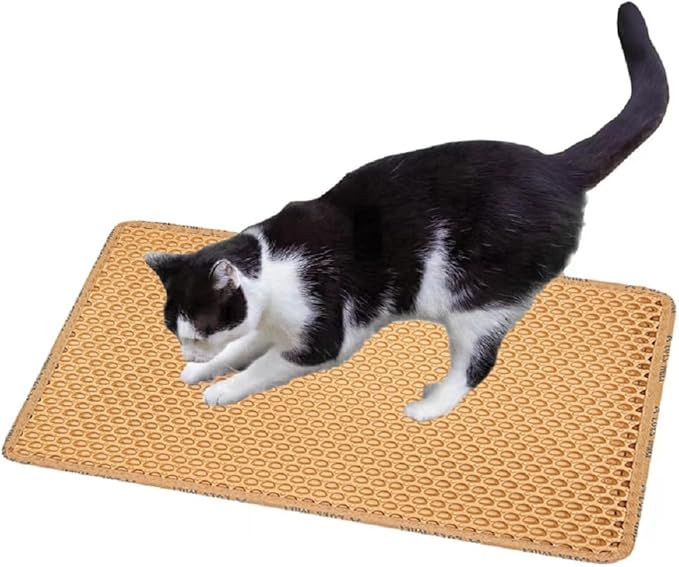 Cat Litter Mat, 21 x 14 Inch, Honeycomb Double Layer Design Cat Litter Box Mat, Washable Non-Slip, Waterproof Urine Proof Cat Litter Catcher Mat, Easy Clean Scatter Control, Yellow