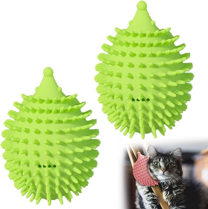Cat Grooming Brush Wall Mount, Green (4.5in x 3.3in x 2.9in, 75g TPR, Self Cleaning, Right-angle prism, All hair types, Cat owners)