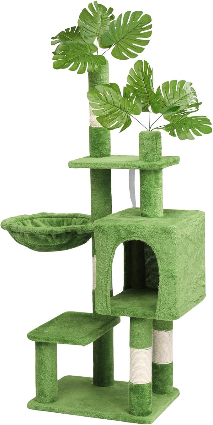 48in Plush Cat Tree with Leaves, Multi-Level Cat Tower with Scratching Post, Cozy Condo & Padded Perch, Dangling Ball for Kittens and Indoor Cats, Compact Cat Furniture for Small Spaces, Green