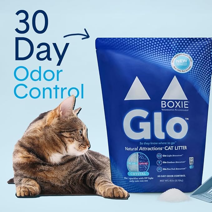 Boxie® Glo™ 30 Day Odor Control Non-Clumping Crystal Cat Litter, 18 lb, Natural Attractions, UV Light Attractant, Soft Granules, 99.9% Dust-Free, Long-Lasting for Multi-Cat Homes (3 Pack of 6lb Bags)