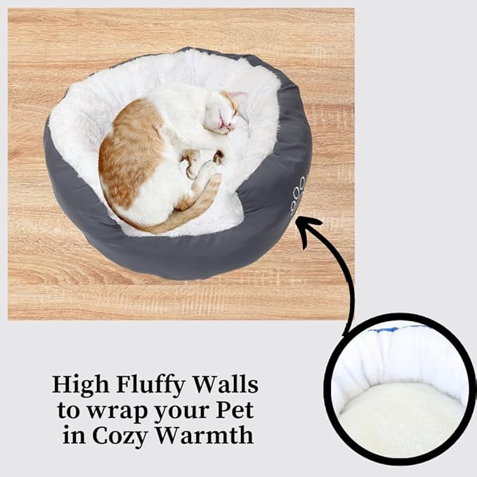 Evelots Calming Donut Cat Bed - Warm Pet Bed for Cats and Small Dogs - Anti-Anxiety Cozy Cuddler - Removable Soft Plush Cushion - Machine Washable - Non-Slip Bottom - Grey