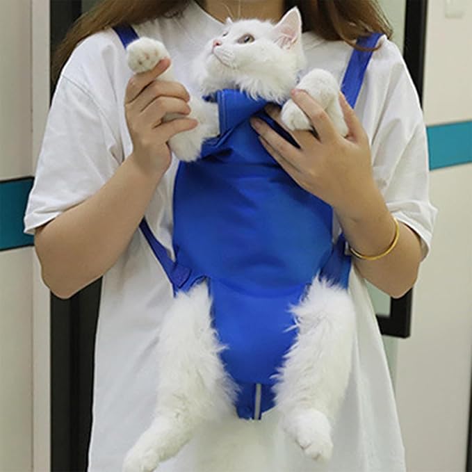 Cat Restraint Bag, Scratch-Resistant Nylon Cat Grooming Bag with Zipper & Paste Tape, Adjustable Multifunctional Cats Carry Bag for Administering Eye Drops, Ear Cleaner, Clipping Nails (Blue_S)
