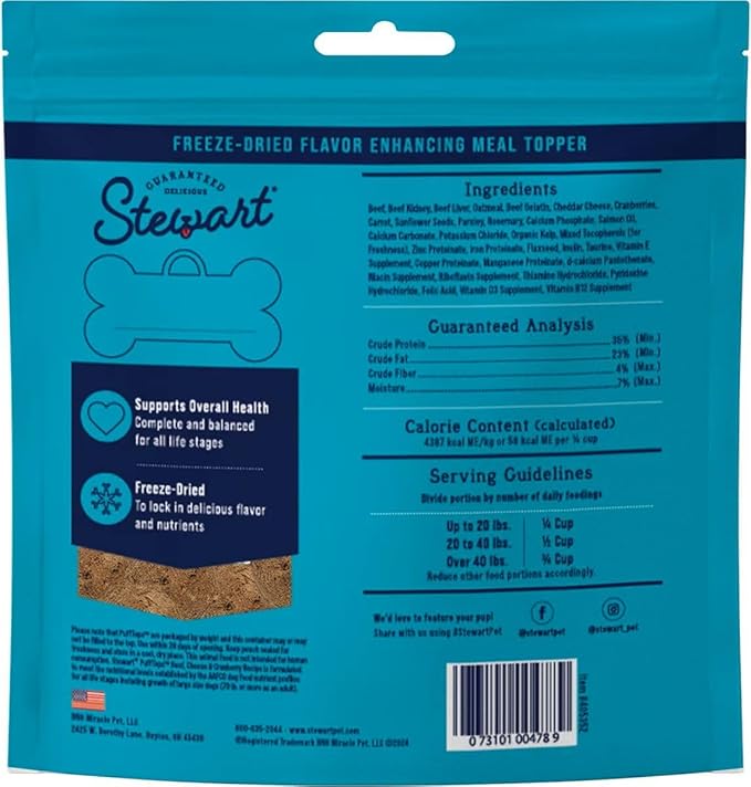 Stewart Freeze Dried Dog Food Topper, PuffTops, Beef, Cheese & Cranberry, 6 Ounce Resealable Pouch, Flavor Enhancing Meal Topper or Dog Treat, Made in USA