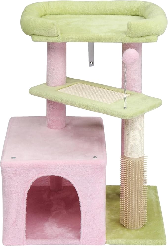 27.5in Plush Cat Tree, Multi-Level Cat Tower with Scratching Post and Pad, Cozy Condo & Padded Perch, Dangling Ball for Kittens and Indoor Cats, Compact Cat Furniture for Small Spaces (Pink & Green)