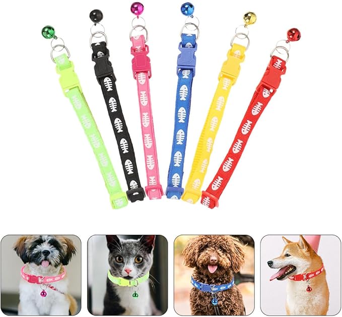 6pcs Fishbone Pattern Pet Collar Set with Bell, Mixed Colors Cat and Puppy Collar, Lightweight Outdoor Household Kitten and Dog Supply Random Color