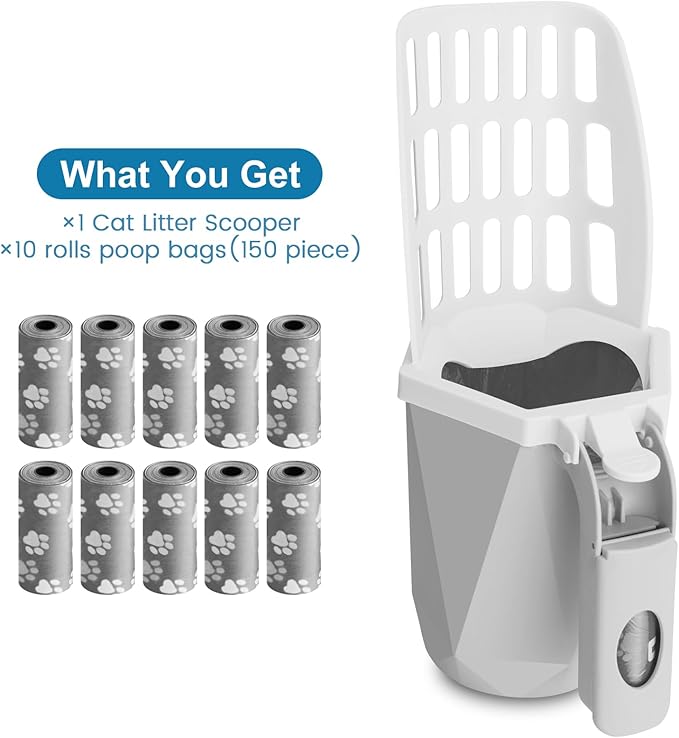 Cat Litter Scooper with Holder Kitty Litter Scoop with Waste Can and 150 Refill Bags, Large Portable Cat Litter Shovel Easy to Clean Suitable for Kittens (Grey)