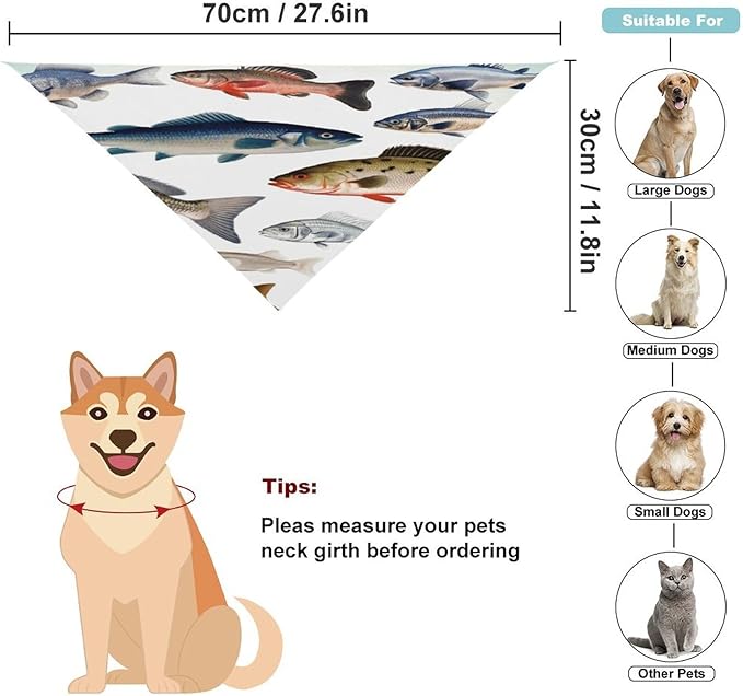 Dog Bandana Spring Pet Scarf Adjustable Triangle Different Fish Printing Dog Bib Washable Polyester Puppy Bandana for Small Medium Large Dogs Cat Birthday Party Supplies