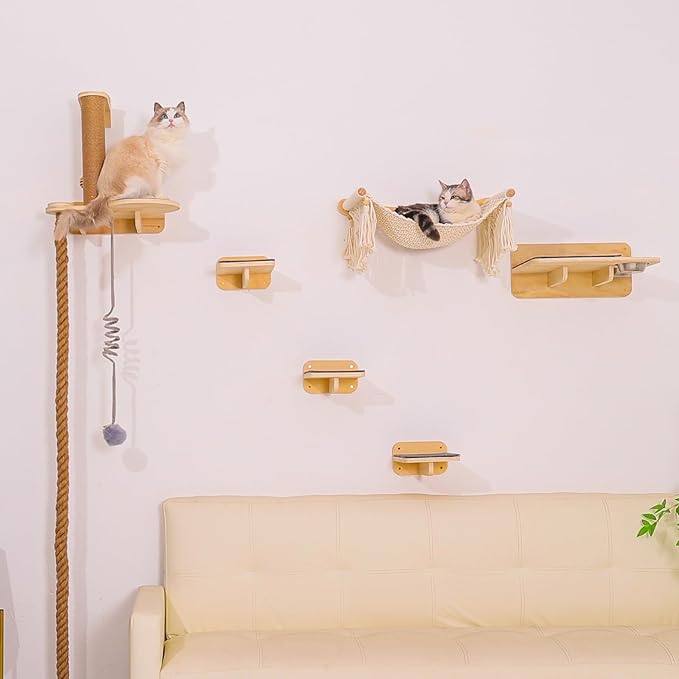 Cat Wall Shelves, Large Wall-Mounted 6-in-1 cat Furniture Set (Climbing Rope+Sisal Scratching Post+Macrame Resting Hammock+Interactive Toys Ball+Feeding Bowls Station+3 Wall Steps) for Indoor Kitties