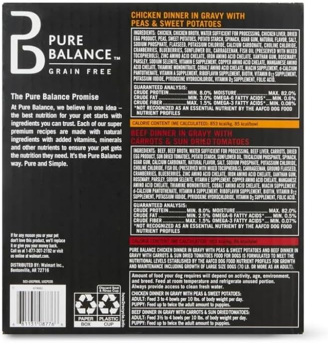 Pure Balance Grain-Free Wet Dog Food Variety Pack, Chicken Dinner with Peas & Sweet Potatoes and Beef Dinner with Carrots & Sun Dried Tomatoes in Gravy, 3.5 Oz Cups ~ (12 of 3.5 Oz Cups)