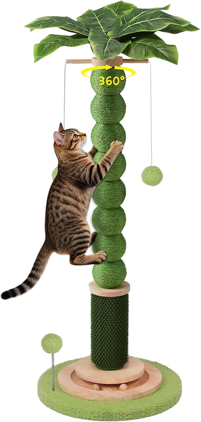 41'' Tall Cat Scratching Post,3.8'' Diameter Sisal Rope Scratcher Ball with Wood Interactive Ball Toy for Indoor Large Cats,Scratcher with 360° Rotating Hanging Ball,Self Groomer Brush for All Cats