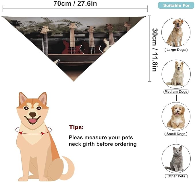 Dog Bandana Spring Pet Scarf Adjustable Triangle Guitar Bass Music Musical Instruments Printing Dog Bib Washable Polyester Puppy Bandana for Small Medium Large Dogs Cat Birthday Party Supplies
