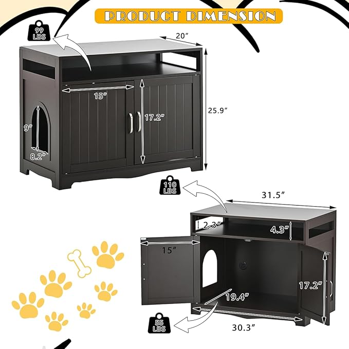 31.5" L Walnut Cat Litter Box Enclosure with Hidden Plug & 2 Doors, Indoor Large Cat Washroom Storage Bench Side Table