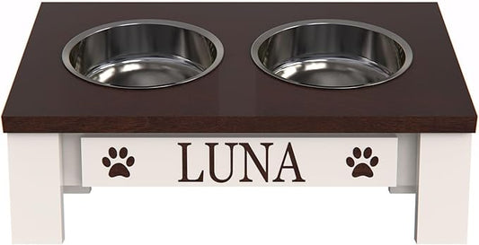 GTW Classic Tilted Elevated Dog Feeder – Angled Wood Stand with Stainless Steel Bowls for Short-Nose Dogs, Anti-Slip Farmhouse Design (Tilted, Dark Walnut)