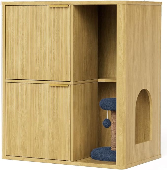 Cat Litter Box Enclosure Furniture, 2 Storey Hidden Litter Box Cabinet with Scratching Post & Storage Shelf, Fluted Modern Litter Box Enclosure for Living Room, Bedroom,Natural