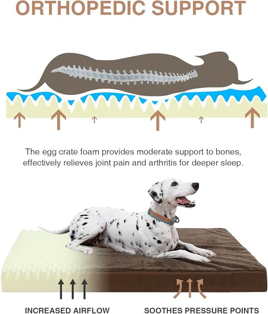 KSIIA Orthopedic Dog Bed Crate Waterproof Pet Mats for Large Dogs Deluxe Plush Washable Pet Bed with Egg Crate Foam & Removable Cover, 41 x 27 Inch, Brown