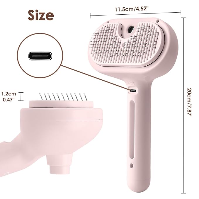 Cat Steam Brush - Anti-Static Rechargeable Steamy Brush for Cats and Dogs, Removes Flying Hair with Release Button and Tank - Pink
