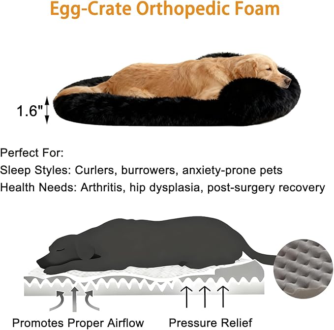 Calming Dog Beds for Medium Large Dogs, Orthopedic Cushion Plush Large Pet Bed Lounge with Washable Cover, Anti-Anxiety Soft Fluffy Faux Fur Fits up to 60 lbs Pets (Oval, Black 40"x30")