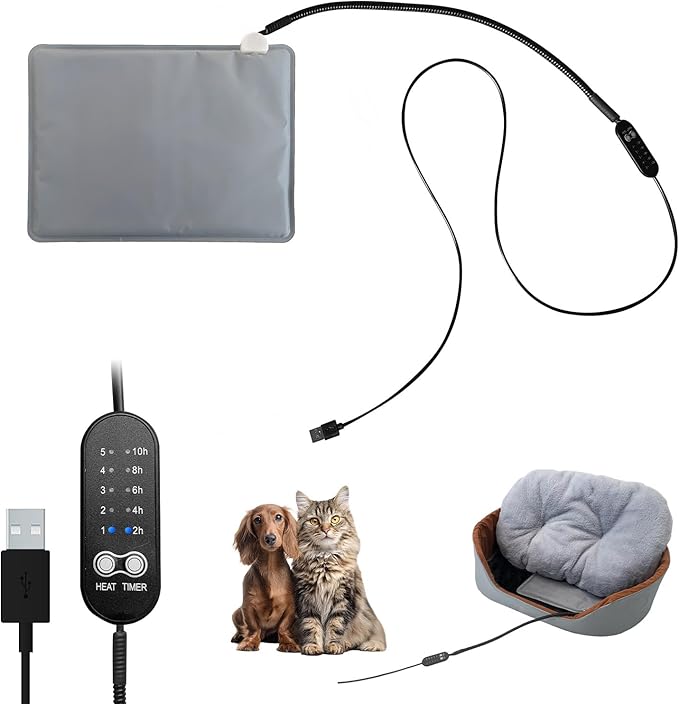 USB Pet Heating Pad – Turns Any Pet Bed Heated (Use Inside Bed), 5V/2A Required, 5-Temp & Timer, 140°F Auto Shut-Off, Waterproof Warmer for Cats/Dogs, Power Bank/Wall/Car Powered (8"x11.5")