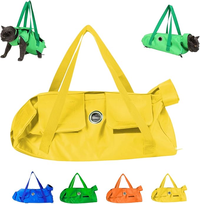 Cat Restraint Bag, Scratch-Resistant Nylon Cat Grooming Bag with Zipper & Paste Tape, Adjustable Multifunctional Cats Carry Bag for Administering Eye Drops, Ear Cleaner, Clipping Nails (Yellow_L)