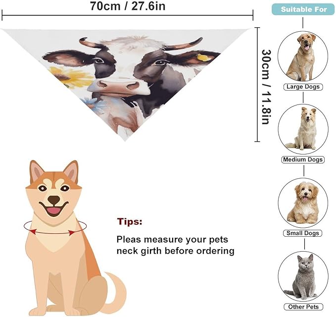 Dog Bandana Spring Pet Scarf Adjustable Triangle Watercolor Cow and Daisy Flower Printing Dog Bib Washable Polyester Puppy Bandana for Small Medium Large Dogs Cat Birthday Party Supplies