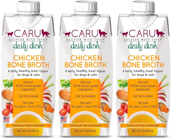 Caru - Daily Dish Chicken Bone Broth - Meal Topper for Dogs & Cats - Supports Overall Pet Health - Pour-Over Broth for Wet/Dry Food - Human Grade Ingredients - Non-GMO - Made in USA - 3 Pack