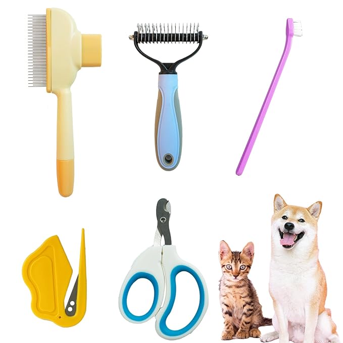Cat Brush - 5 Pcs Pet Grooming Kit with Nail Clippers,Shedding Brush Toothbrush Long & Short Stainless Steel Teeth Knotting Comb Skin Friendly Deshedding Grooming Tool for Long Haired Cats