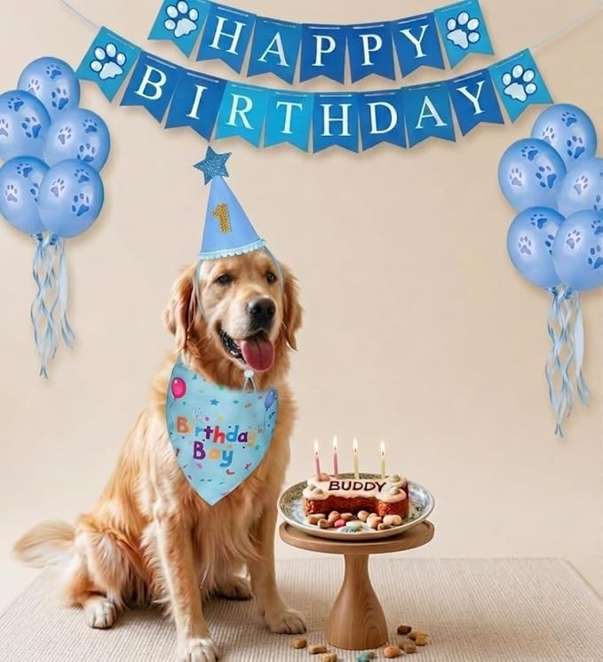Dog Birthday Party Supplies, Dog Birthday Bandana Set, Dog Boy Girl Birthday Party Hat with Numbers,Flag, Balloon for Large Medium Small Dogs Pet (Blue)