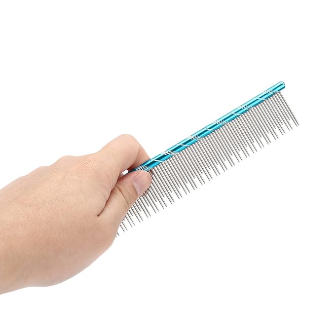 Pet Hair Removal Comb, Stainless Steel Cat Grooming Tool with Dual - Density Teeth, Open Knot Detangling Comb for Long and Short Haired Cats, Ergonomic Non - Slip Handle (Blue)