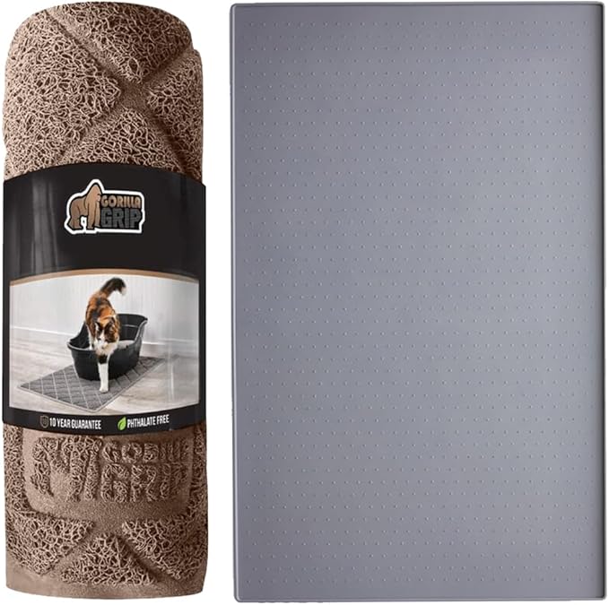 GORILLA GRIP Cat Litter Box Mat, 17x11 Inch Beige and Silicone Dog Food Mat, 18.5x11.5 Inch Gray, 2 Item Bundle