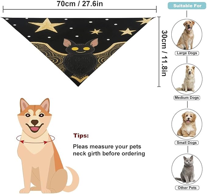 Dog Bandana Spring Pet Scarf Adjustable Triangle Black Gloden Bat Printing Dog Bib Washable Polyester Puppy Bandana for Small Medium Large Dogs Cat Birthday Party Supplies