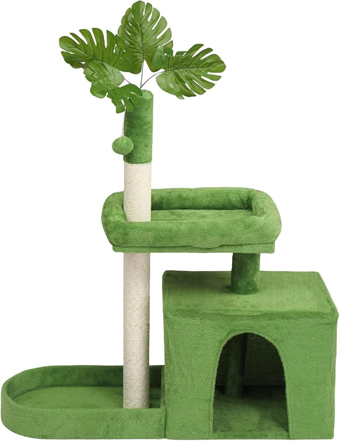 36in Cat Tree with Leaves, Multi-Level Cat Tower with Scratching Post, Cozy Condo & Padded Perch, Dangling Ball for Kittens and Indoor Cats, Compact Cat Furniture for Small Spaces, Green