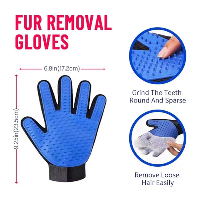 PET GLOVE, Blue and Black Deshedding Brush, Silicone Hair Removal Tool for Dogs and Cats, Professional Massage Mitt