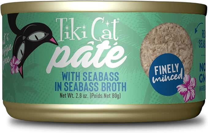 Tiki Cat Luau Pâté, Seabass Recipe in Seabass Consumme, Grain-Free Balanced Nutrition Wet Canned Cat Food, for All Life Stages, 2.8 oz. Cans (Pack of 12)