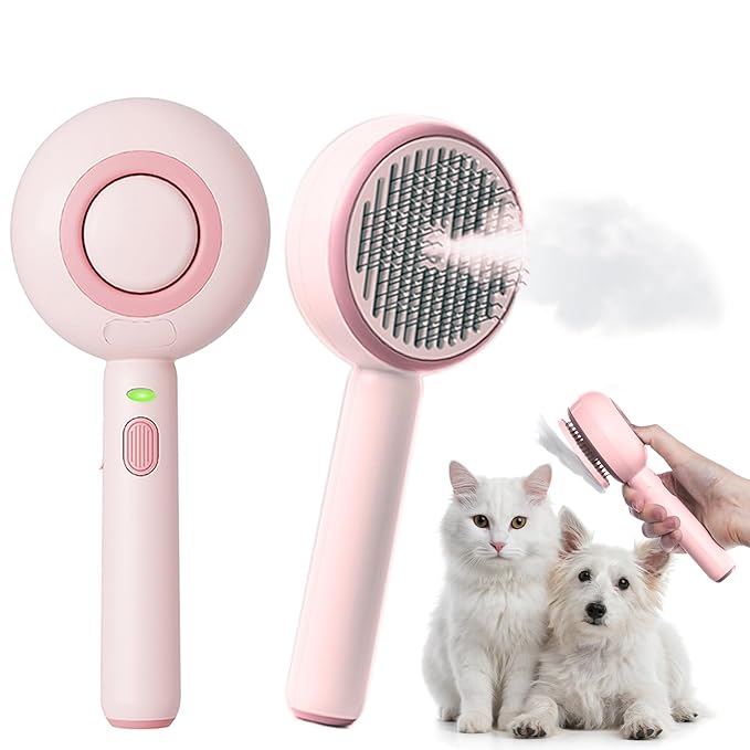 Cat Steam Brush, 3 in 1 Comb for Shedding, One-Click Hair Removal Brush with Steam, 2025 New Spray Pet Grooming Brushes for Dogs and Cats, Self Cleaning, IPX7 Waterproof (Pink)
