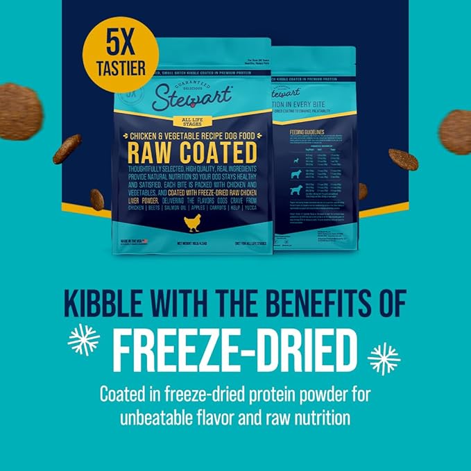 Stewart Raw Coated Dog Food, Chicken & Vegetable Recipe, 10 Pound Bag, Freeze Dried Chicken Liver Powder Coating
