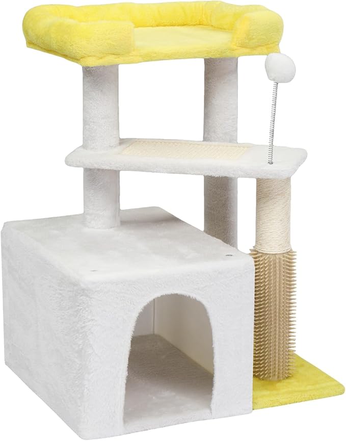 27.5in Plush Cat Tree, Multi-Level Cat Tower with Scratching Post and Pad, Cozy Condo & Padded Perch, Dangling Ball for Kittens and Indoor Cats, Compact Cat Furniture for Small Spaces (Yellow & White)