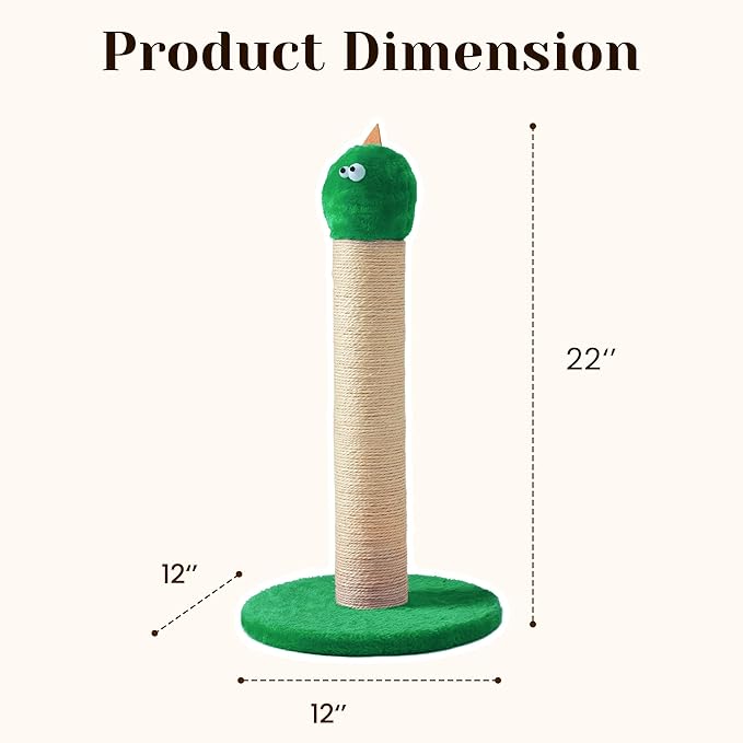 Cat Scratching Post, 22'' Cat Scratchers Tree Tower for Indoor Kitty with Extra Wide 12" Stable Base, Scratching Post with Natural Sisal & Velvet Fabric for Small, Medium Cat, Green